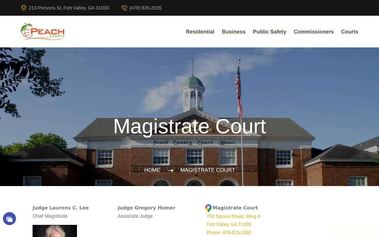 Official Peach County Magistrate Court page showing court contact and jurisdiction information